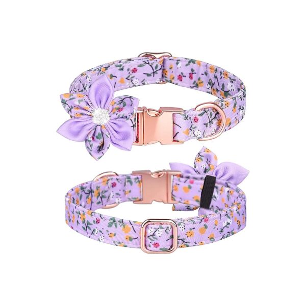 Soft Breathable Purple Floral Dog Collar for Female Dogs with Removable Rhinestone Flower