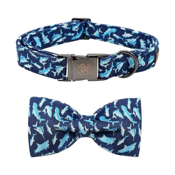 Soft Cotton Dog Collar with Shark Print Bow and Adjustable Buckle for Large Male Dogs