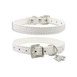 Soft Croc Leather White Dog Collars with Rhinestone Hearts and Buckles