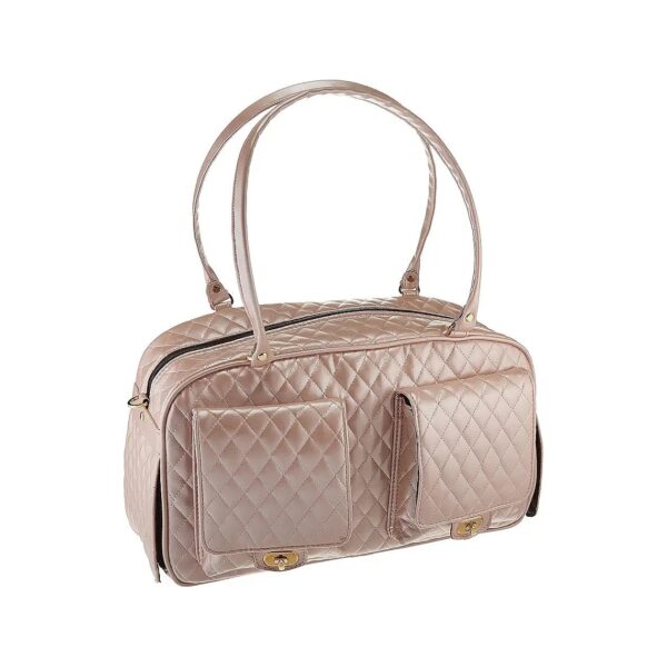 Soft Faux Leather Pet Carrier with Roll-Up Windows and Top Zip Entry Pink Quilted