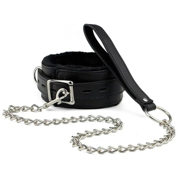 Soft Leather Adjustable Choker Collar with Long Traction Chain Black Nylon Material