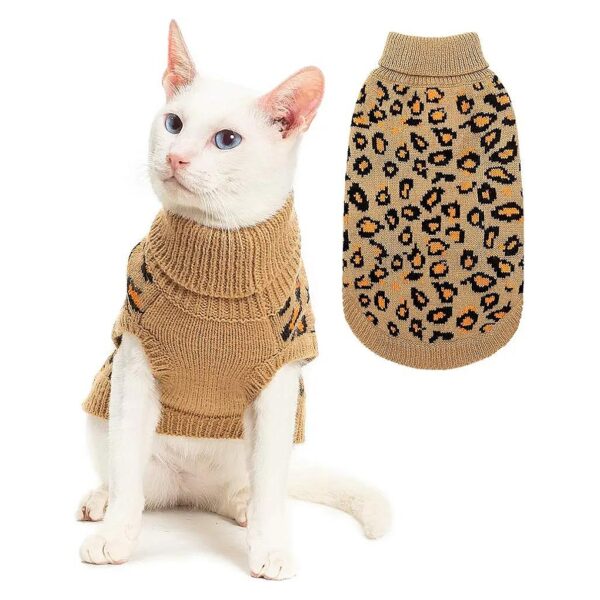 Soft Light Brown Leopard Print Knit Cat Sweater Turtleneck Vest for Small Pets