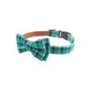 Soft PU Leather Dog Collar with Adjustable Movable Bow Tie in Cyan Plaid Pattern