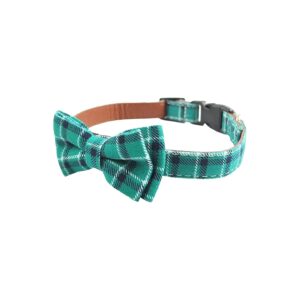 Soft PU Leather Dog Collar with Adjustable Movable Bow Tie in Cyan Plaid Pattern