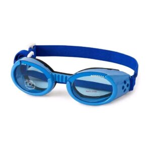 Soft Padded Rubber Frame Dog Goggles with Shiny Blue Lens and Adjustable Head Straps