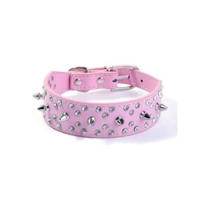 Soft Pink Adjustable Leather Dog Collar with Rhinestones for Medium and Large Dogs