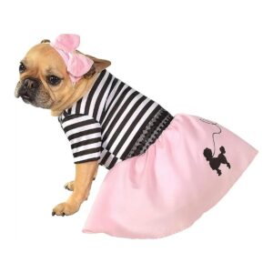 Soft Pink Lady Dog Costume with Bow Headpiece, Striped Dress, and Panache, Large US Size