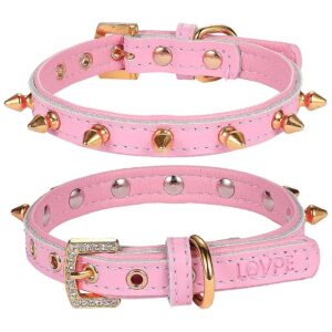 Soft Pink Leather Pet Collar with Golden Spikes and Rhinestones for Small to Medium Dogs