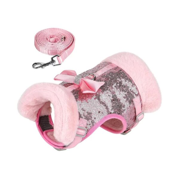 Soft Pink Plush Dog Harness and Leash Set for Small Pets with Princess Style Design