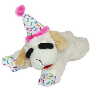 Soft Plush Lamb Chop Dog Toy with Pink Party Hat and Squeaker