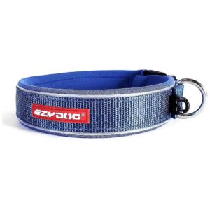 Soft Polyester Dog Collar with Reflective Piping for Night Safety Blue Medium Size