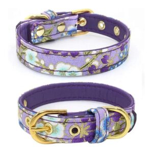 Soft Purple Floral Dog Collar with Adjustable Gold Buckle for Small Medium Dogs