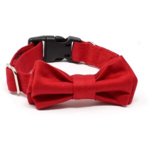 Soft Solid Red Cotton Dog Collar with Hand-Sewn Bow Tie Small