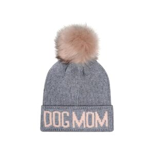 Soft Stretch Knit Dog Mom Beanie with Faux Fur Pompom for Comfortable Warmth