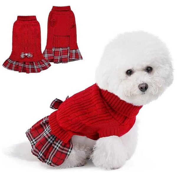 Soft Stretchy Dog Sweater with Pleated Skirt and Bowtie for Versatile Dog Wear