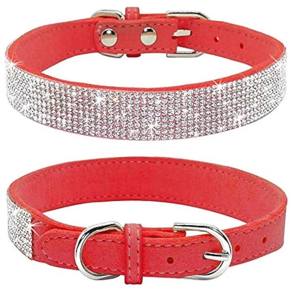 Soft Suede Leather Crystal Rhinestone Dog Collar for Small Dogs Red XXS