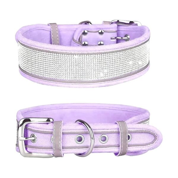 Soft Suede Rhinestone Dog Collar with Crystal Diamonds in Purple for Medium & Large Dogs