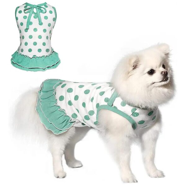 Soft Summer Dog Party Dress with Green Polka Dots for Small Medium Dogs