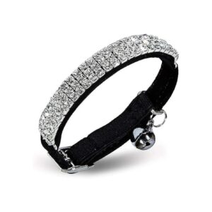 Soft Velvet Adjustable Cat Bell Collar with Mini Diamante Bells for Small Pets Black