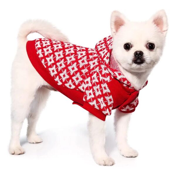 Soft Warm Plaid Dog Sweater with Leash Hole and Hood for Small to Medium Dogs