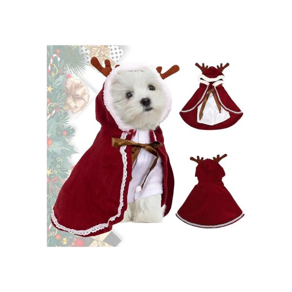 Soft Warm Polar Fleece Red Dog Outfit with Cape and Elk Antlers Hat for Small Dogs Cats