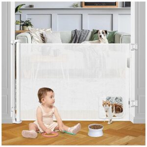 Soft and Adjustable Retractable Baby Gate with Cat Door for Families with Babies and Pets