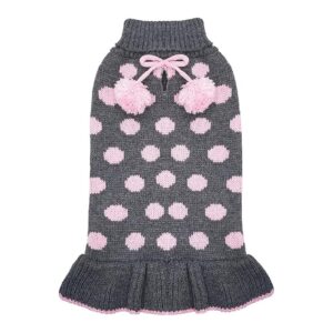 Soft and Cozy Dog Sweater Dress with Turtleneck and Pom Pom Ball for Small Size Pets