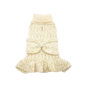 Soft and Cozy Golden Thread Dog Sweater Dress with Bowtie for Small Dogs, Medium Fit