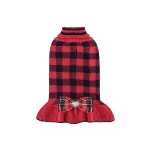 Soft and Elastic Plaid Buffalo Pattern Dog Sweater with Bowtie for Small Dogs and Cats