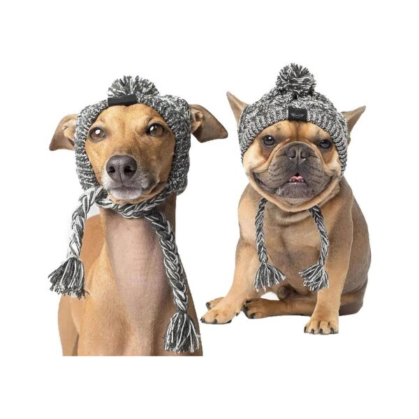 Soft and Warm Gray Knitted Dog Hat with Puffball and Headband for Small Medium Large Dogs