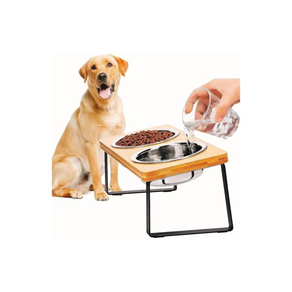 Solid Bamboo Dog Elevated Stand with Stainless Steel Bowls for Small to Medium Large Dogs