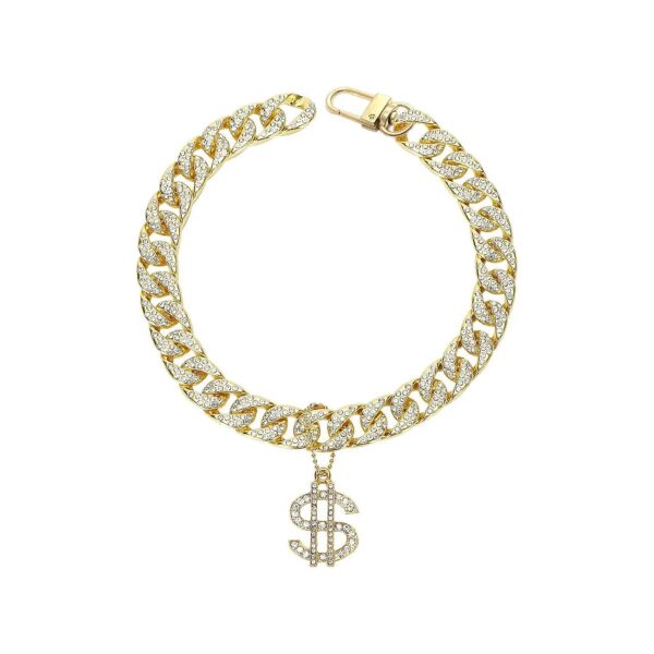 Solid Gold Cuban Link Chain Dog Collar with Exaggerated Dollar Pendant and Zircon Details