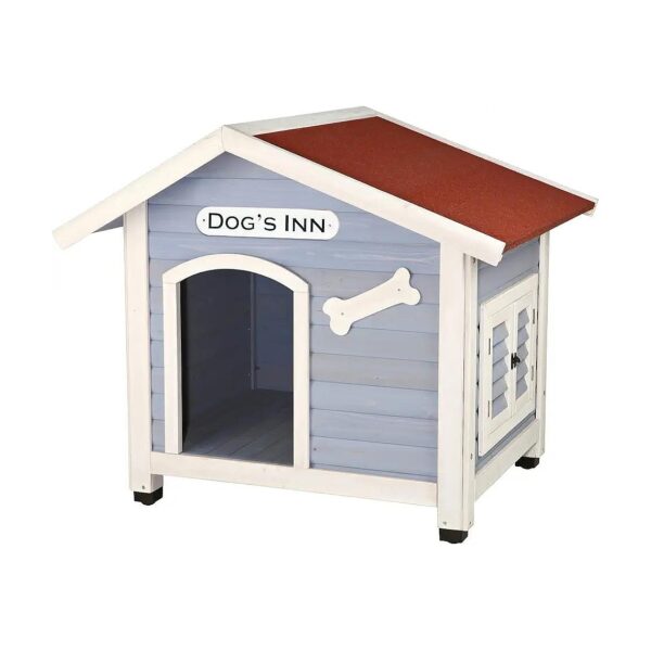 Solid Pine Dog House with White Trim and Light Blue Design for Weatherproof Durability