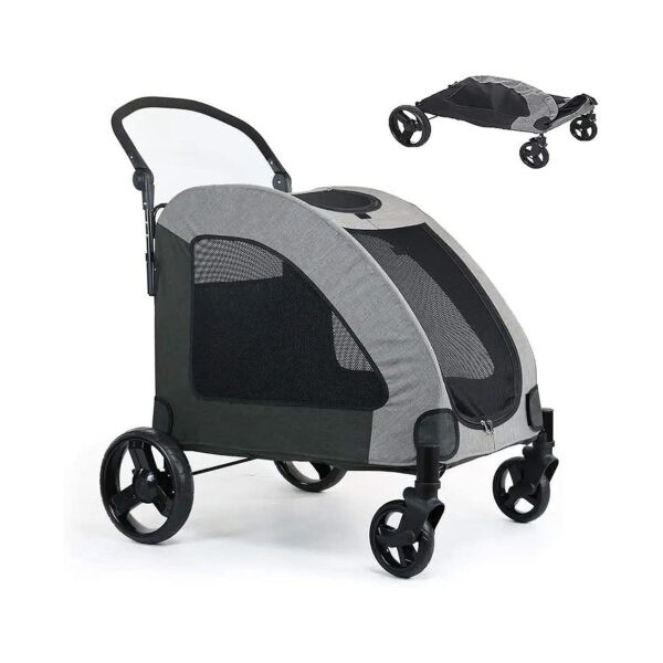 Spacious Grey Pet Stroller with 4 Rubber Wheels and Adjustable Handle