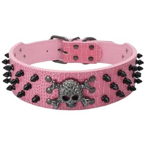 Spiked PU Leather Adjustable Dog Collar for Medium and Large Breed Pets Pink2 Colors