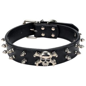 Spiked PU Leather Dog Collar with Bullet Rivets for Medium to Large Dogs in Black