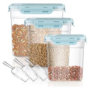 Stackable Plastic Pet Food Storage Containers with Blue Colored Containers and Scoops