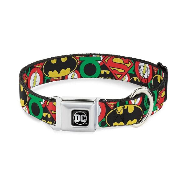 Stacked Justice League Logos Dog Collar with Seatbelt Buckle and 1" Wide Design