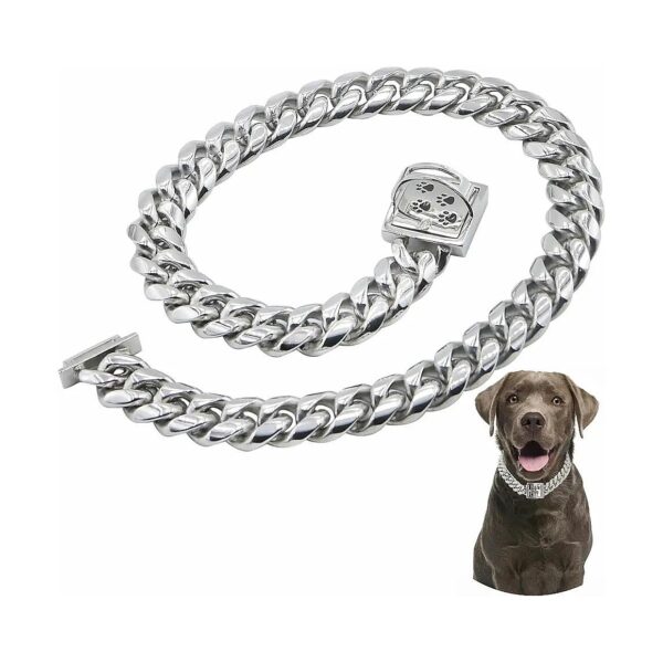 Stainless Steel Dog Chain Collar 15MM 18" Long Silver Chew Proof Buckle