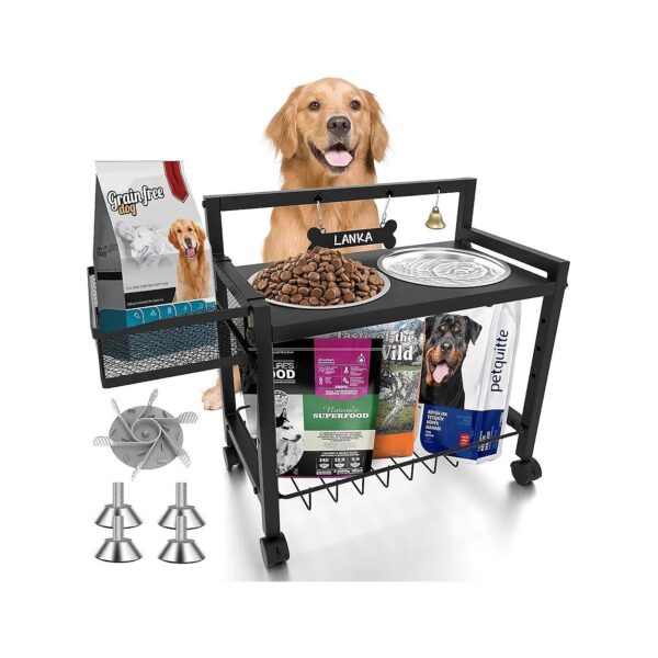 Stainless Steel Dog Food Bowls with Adjustable Height and 4 Wheels for Easy Portability