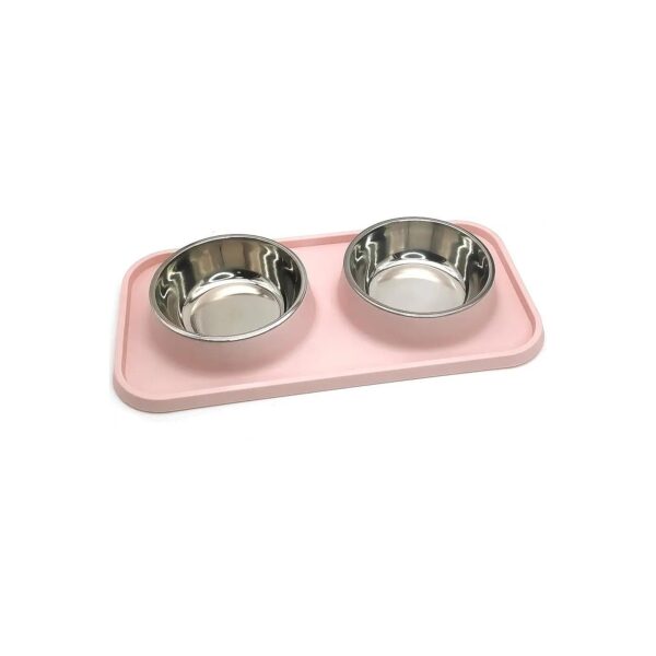 Stainless Steel Double Dog Feeding Bowls with Non-Spill Mat for Small Medium Pets Pink