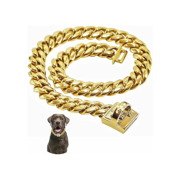 Stainless Steel Gold Cuban Chain Dog Collar with Comfortable Fit and Secure Buckle