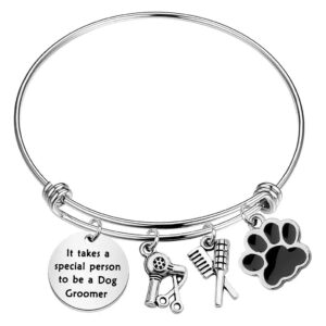 Stainless Steel Paw Print Hairbrush Charm Bangle for Dog Groomer and Pet Lover Gift