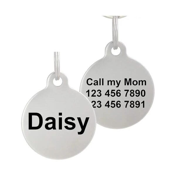 Stainless Steel Pet ID Tag with Laser Etched Personalized Text and 1 Split Ring