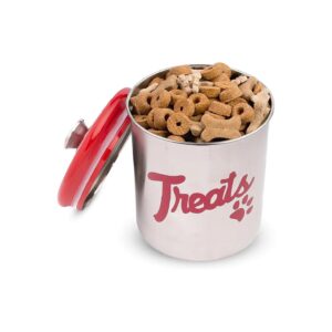 Stainless Steel Red Treat Jar for Dog or Cat Food and Snacks, 2LB Storage