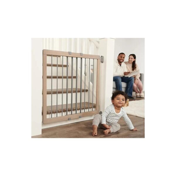 Stairway and Hallway Walk Through Baby Safety Gate with Metal Frame and Wood Accent