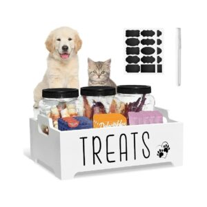 Storage Container for Dog Food and Treats with 3 Jars and Wooden Box