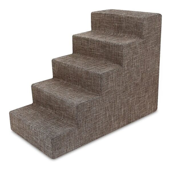 Stress-Free Pet Access with Brown Linen Foam Pet Stairs, 5-Step Design for Small Pets