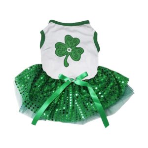 Stretchy Dog Dress with Green Clover Pattern White Green Sequins XXX-Large