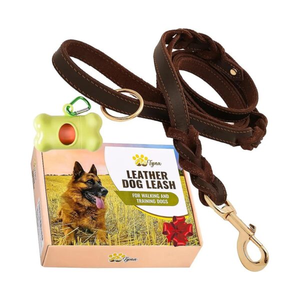 Strong Leather Dog Leash with Traffic Handle for Walking Medium Dogs